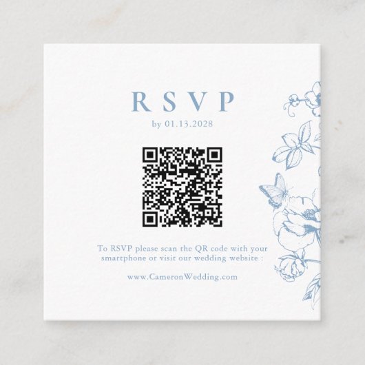 Elegant Dusty Blue Floral QR Code Wedding RSVP Begleitkarte (Vorderseite)