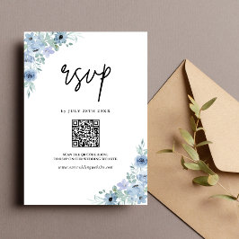 Elegant Dusty Blue Floral QR Code Wedding RSVP Karte