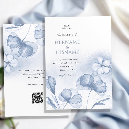 Elegant Dusty Blue Floral QR UAWG Wedding Einladung
