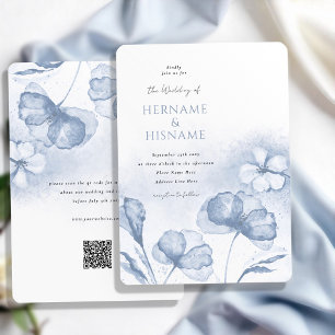 Elegant Dusty Blue Floral QR UAWG Wedding Einladung