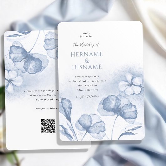 Elegant Dusty Blue Floral QR UAWG Wedding Einladung