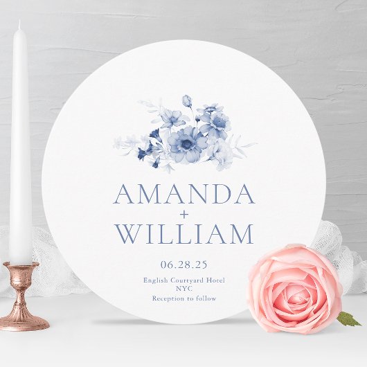 Elegant Dusty Blue Floral Round Wedding Einladung