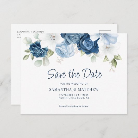 Elegant Dusty Blue Floral Save the Date Ankündigungspostkarte (Vorne/Hinten)