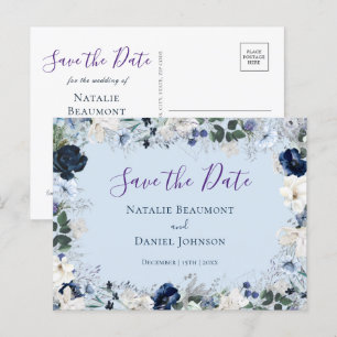 Elegant Dusty Blue Floral Save the Date Einladungspostkarte