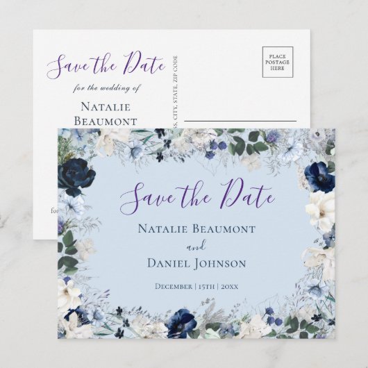 Elegant Dusty Blue Floral Save the Date Einladungspostkarte (Vorne/Hinten)