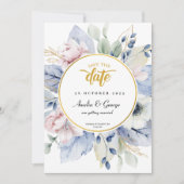 Elegant Dusty Blue Floral Save the Date mit Foto (Vorderseite)