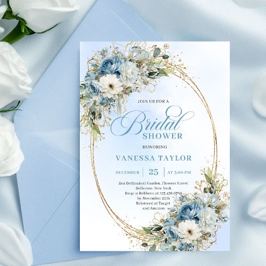 Elegant Dusty Blue Floral Script Bridal Shower   Einladung