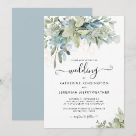Elegant Dusty Blue Floral Script Wedding Einladung