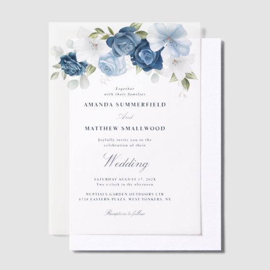 Elegant Dusty Blue Floral Script Wedding Pergament Einladungen (Versetzt)