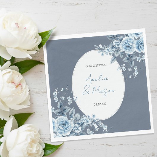 Elegant Dusty Blue Floral Script Wedding  Serviette