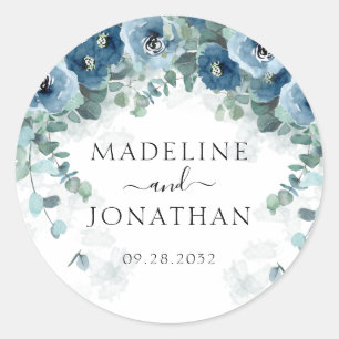 Elegant Dusty Blue Floral Square Hochzeit Runder Aufkleber