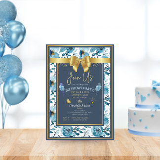 Elegant Dusty Blue Floral Surprise Geburtstag Cust Einladung