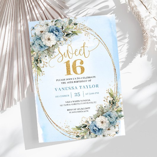 Elegant Dusty Blue Floral Sweet Sixteen Party   Einladung