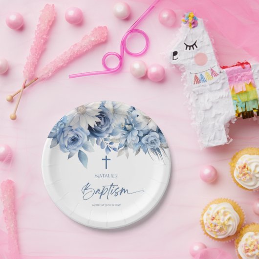 Elegant Dusty Blue Floral Taufe Pappteller (Party)