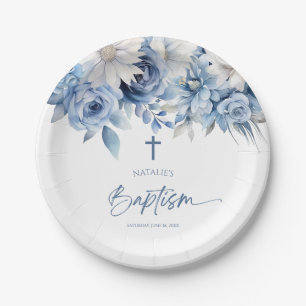 Elegant Dusty Blue Floral Taufe Pappteller