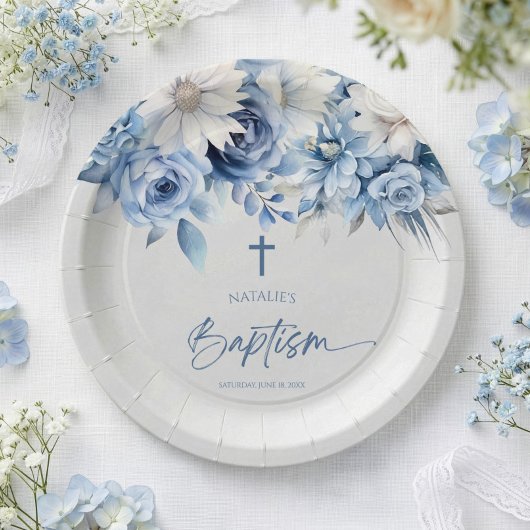 Elegant Dusty Blue Floral Taufe Pappteller