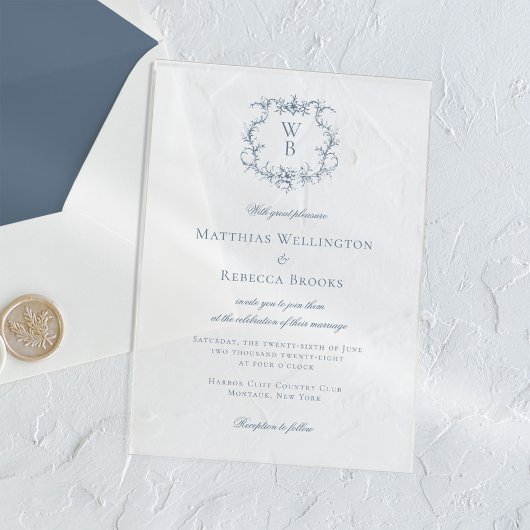 Elegant Dusty Blue Floral Wappen Monogram Wedding Acryleinladungen