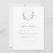 Elegant Dusty Blue Floral Wappen Monogram Wedding Einladung (Vorderseite)