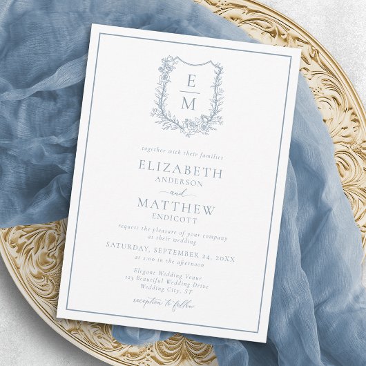 Elegant Dusty Blue Floral Wappen Monogram Wedding Einladung
