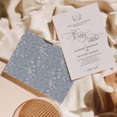 Elegant Dusty Blue Floral Wappen Monogram Wedding Einladung