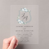 Elegant Dusty Blue Floral Wappen Wedding Acryleinladungen (Insitu (Handheld))
