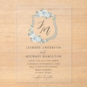 Elegant Dusty Blue Floral Wappen Wedding Acryleinladungen (Vorderseite)