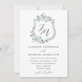 Elegant Dusty Blue Floral Wappen Wedding Einladung (Vorderseite)
