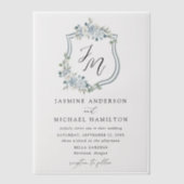 Elegant Dusty Blue Floral Wappen Wedding Pergament Einladungen (Vorderseite)