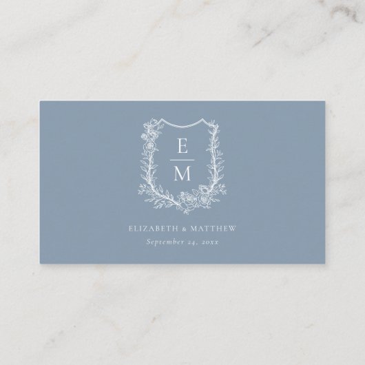 Elegant Dusty Blue Floral Wappen Wedding Website Begleitkarte (Rückseite)