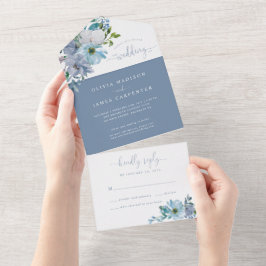 Elegant Dusty Blue Floral Watercolor Boho Wedding All In One Einladung