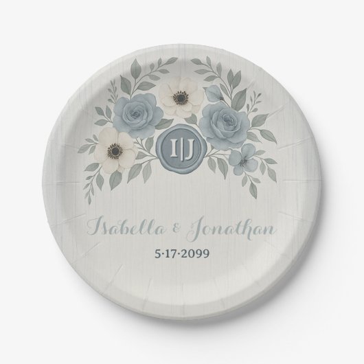 Elegant Dusty Blue Floral Wax Seal Wedding Pappteller (Vorderseite)