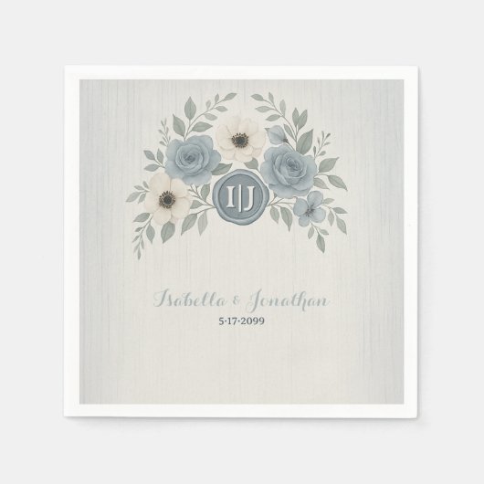 Elegant Dusty Blue Floral Wax Seal Wedding Serviette (Vorderseite)