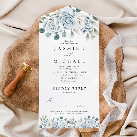 Elegant Dusty Blue Floral Wedding All In One Einladung