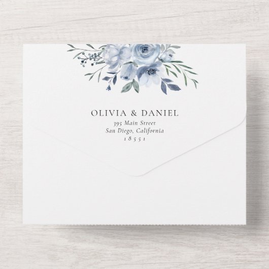 Elegant Dusty Blue Floral Wedding All In One Einladung (Rückseite)