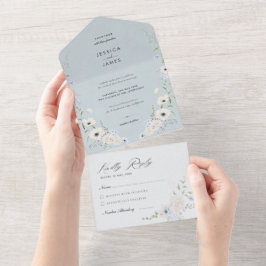 Elegant Dusty Blue Floral Wedding All In One Einladung