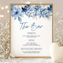 Elegant Dusty Blue Floral Wedding Bridal Bar Sign Poster