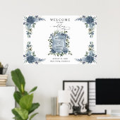 Elegant Dusty Blue Floral Wedding Crest Poster (Heimbüro)