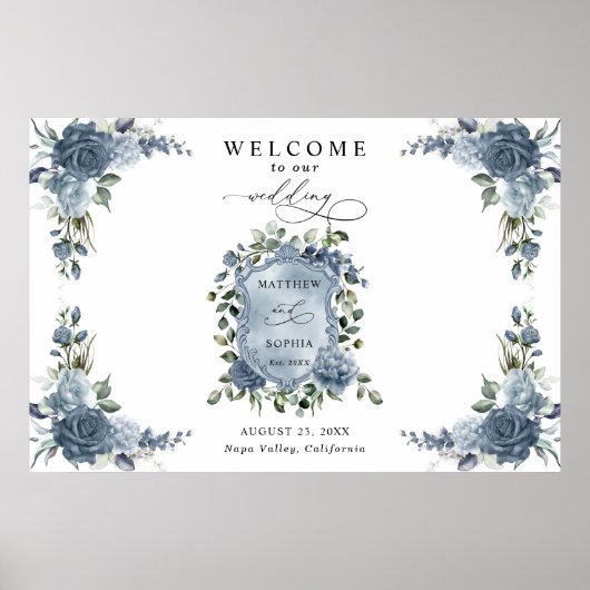 Elegant Dusty Blue Floral Wedding Crest Poster (Vorne)