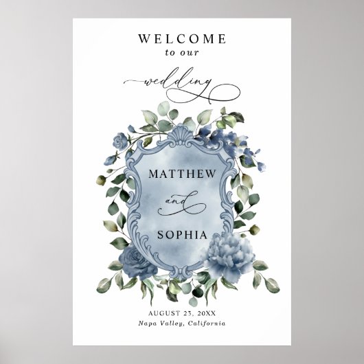 Elegant Dusty Blue Floral Wedding Crest Poster (Vorne)