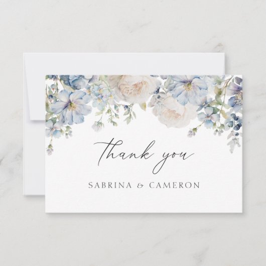 Elegant Dusty Blue Floral Wedding Danke Card (Vorderseite)