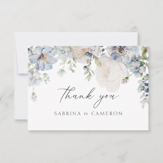 Elegant Dusty Blue Floral Wedding Danke Card (Vorderseite)