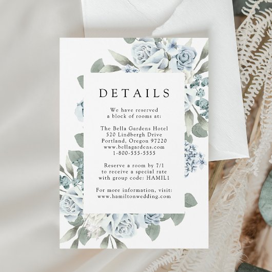 Elegant Dusty Blue Floral Wedding Details Begleitkarte