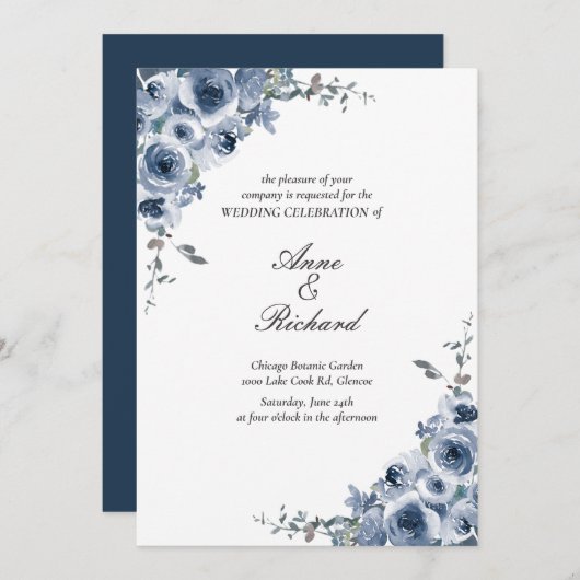 Elegant Dusty Blue Floral Wedding Einladung (Vorne/Hinten)