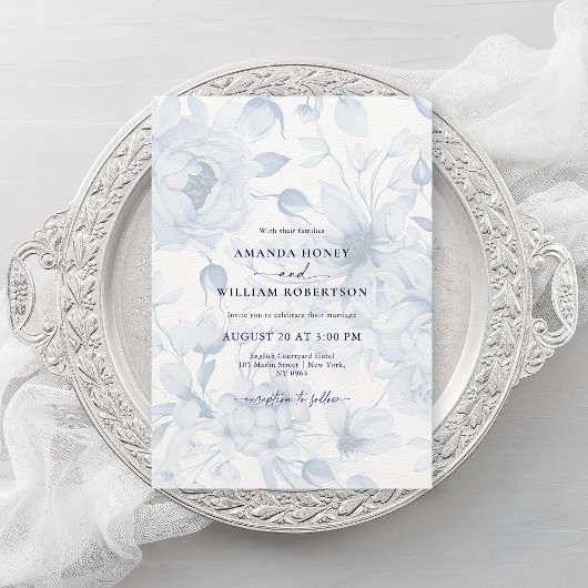Elegant Dusty Blue Floral Wedding Einladung
