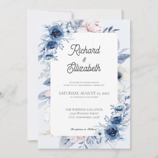 Elegant Dusty Blue Floral Wedding Einladung (Vorderseite)
