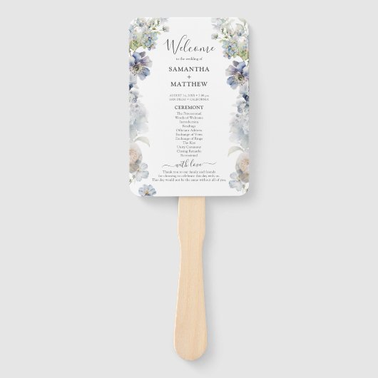 Elegant Dusty Blue Floral Wedding Program Hand Fan Fächer (Vorderseite)