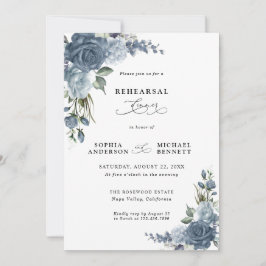 Elegant Dusty Blue Floral Wedding Rehearsal Dinner Einladung