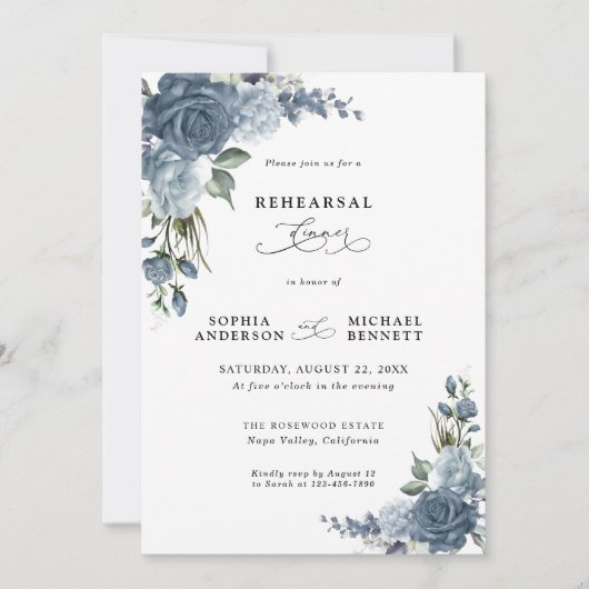 Elegant Dusty Blue Floral Wedding Rehearsal Dinner Einladung (Vorderseite)