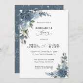 Elegant Dusty Blue Floral Wedding Rehearsal Dinner Einladung (Vorne/Hinten)