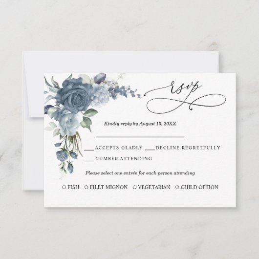 Elegant Dusty Blue Floral Wedding Response Card RSVP Karte (Vorderseite)